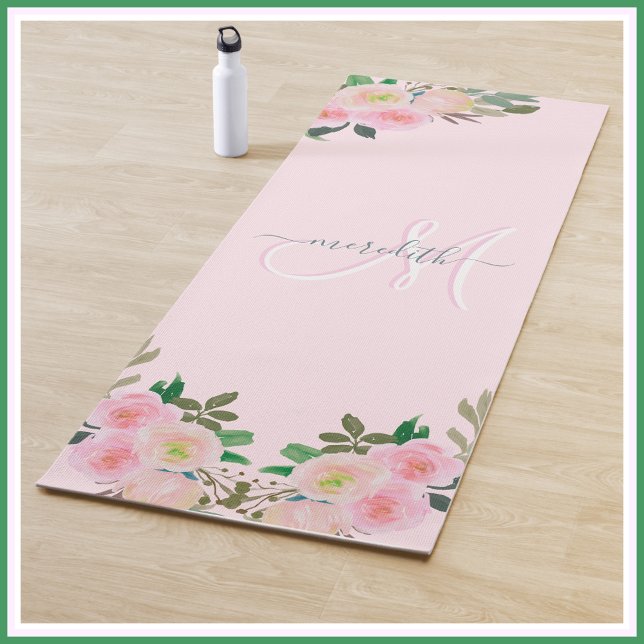 Chic Blush Pink Floral Custom Monogram Name Yogamatte (Von Creator hochgeladen)