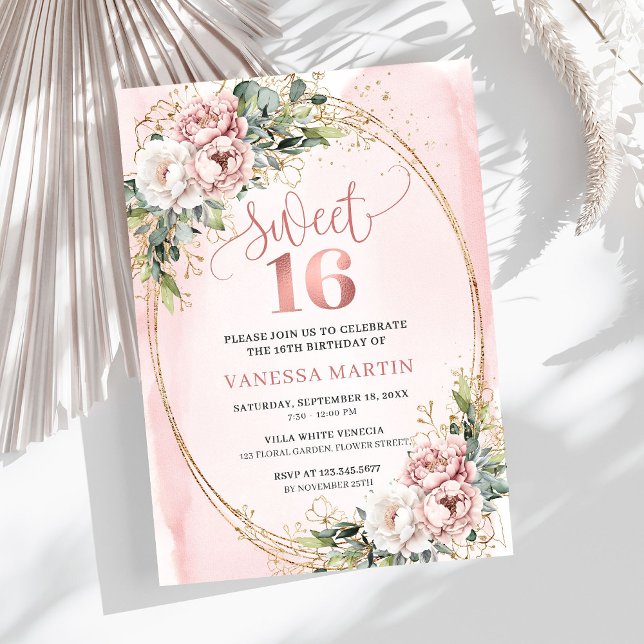 Chic Blush Pink Floral Eucalyptus Sweet 16 Invite Einladung (Chic Blush Pink Floral Eucalyptus Sweet 16 Invitation)