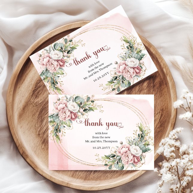 Chic Blush Pink Floral Eucalyptus Wedding  Dankeskarte (Chic Blush Pink Floral Eucalyptus Wedding Thank You)