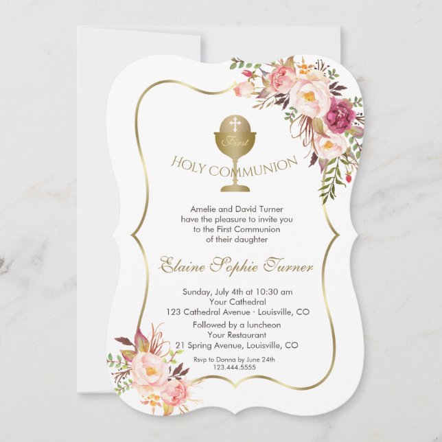 Chic Blush Pink Floral Gold Chalice Heilige Kommun Einladung (Vorderseite)