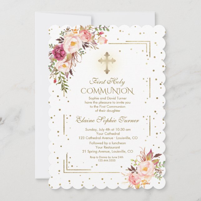 Chic Blush Pink Floral Gold Erste heilige Kommune Einladung (Vorderseite)
