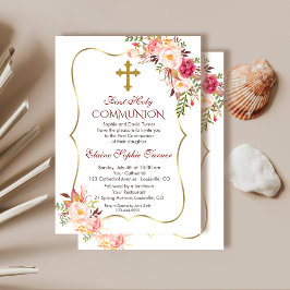 Chic Blush Pink Floral Gold Erste heilige Kommune Einladung
