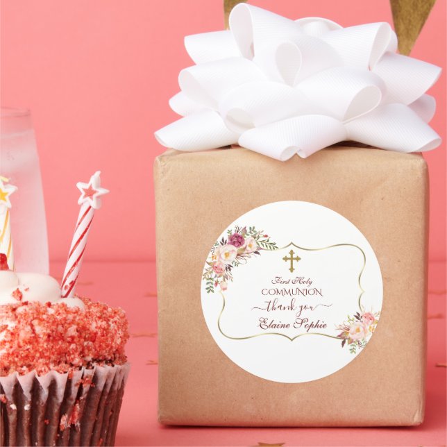 Chic Blush Pink Floral Gold Erste heilige Kommune Runder Aufkleber (Party)