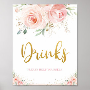 Chic Blush Pink Floral Gold Foliage Drinks Zeichen Poster