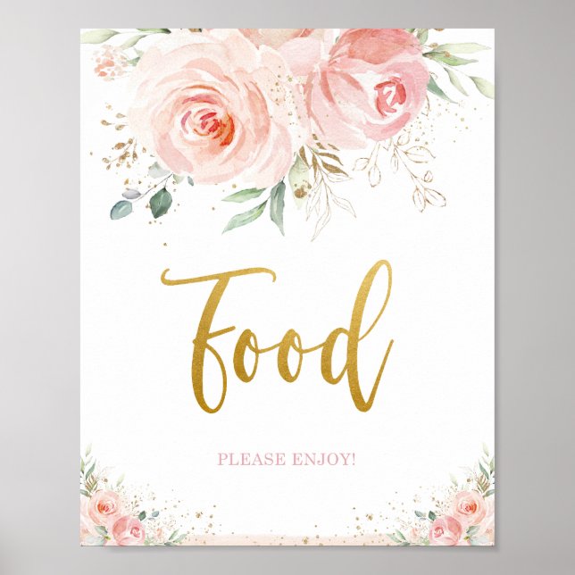 Chic Blush Pink Floral Gold Foliage Food Sign Poster (Vorne)