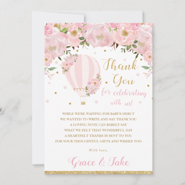 Chic Blush Pink Floral Hot Air Ballon Babydusche Dankeskarte (Vorderseite)