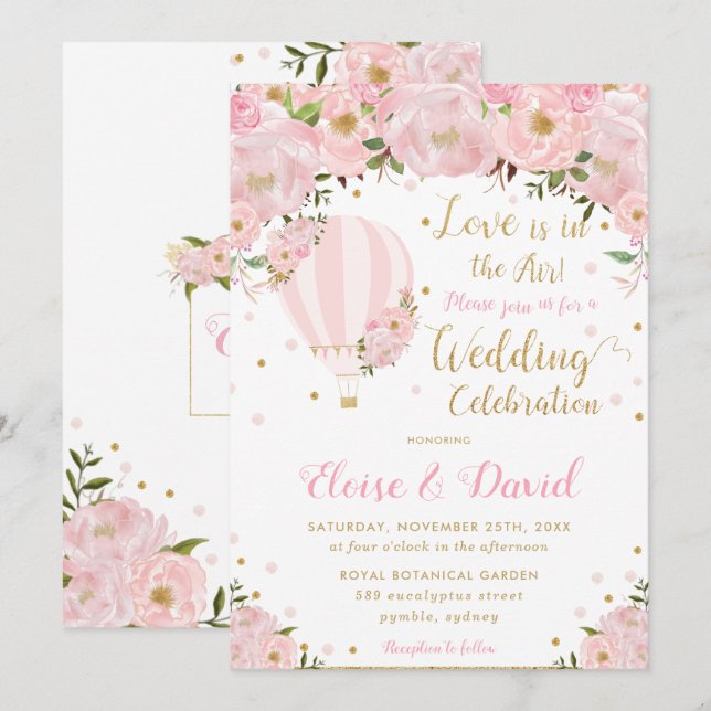 Chic Blush Pink Floral Hot Air Ballon Hochzeit Einladung (Vorne/Hinten)