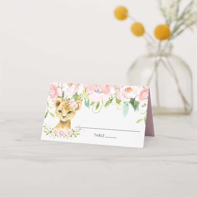 Chic Blush Pink Floral Lion Cub Gastname Platzkarte (Vorderseite)