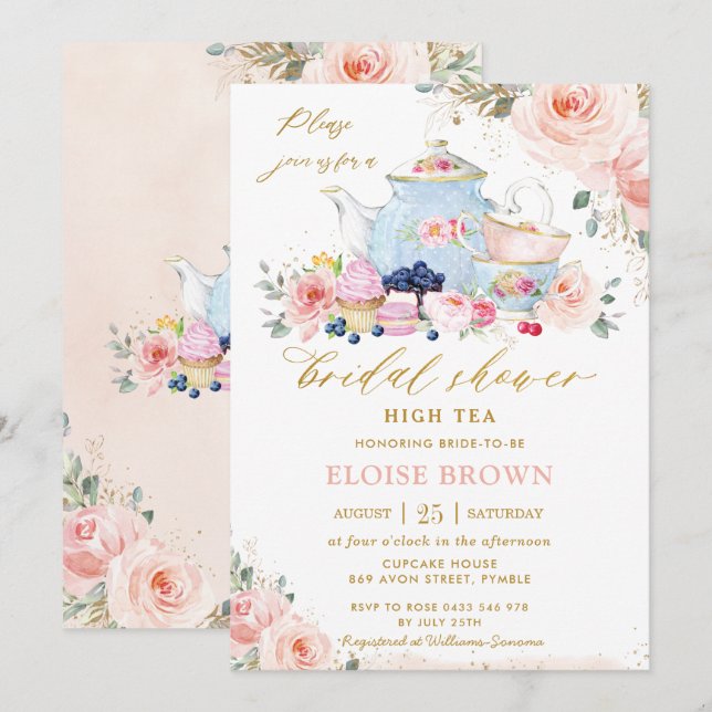 Chic Blush Pink Floral Tee Party Brautparty Einladung (Vorne/Hinten)