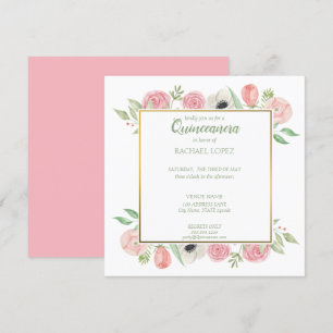 Chic Blush Pink Florals   Gold Frame Quinceanera Einladung