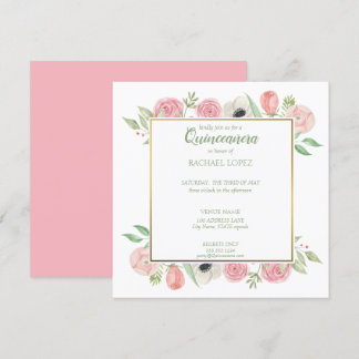 Chic Blush Pink Florals | Gold Frame Quinceanera Einladung