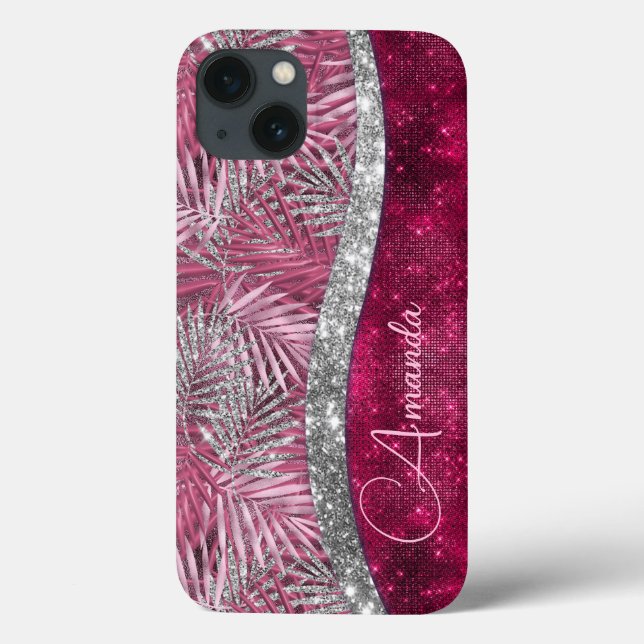 Chic blush pink fuchsia Glitzer Blätter monogramm Case-Mate iPhone Hülle (Rückseite)