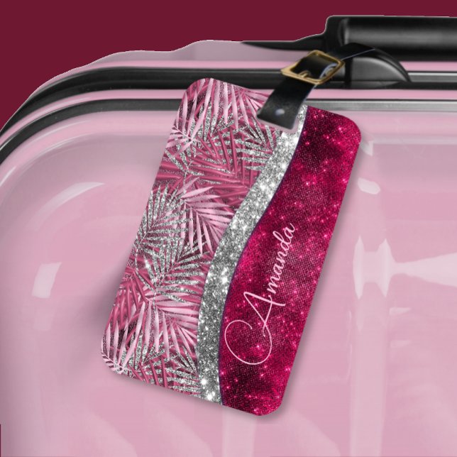 Chic blush pink fuchsia Glitzer Blätter monogramm Gepäckanhänger (Von Creator hochgeladen)