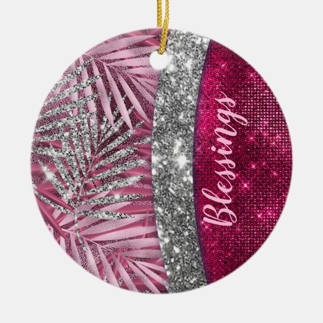 Chic blush pink fuchsia Glitzer Blätter monogramm Keramik Ornament (Vorne)