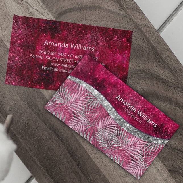 Chic blush pink fuchsia Glitzer Blätter monogramm Visitenkarte (Von Creator hochgeladen)