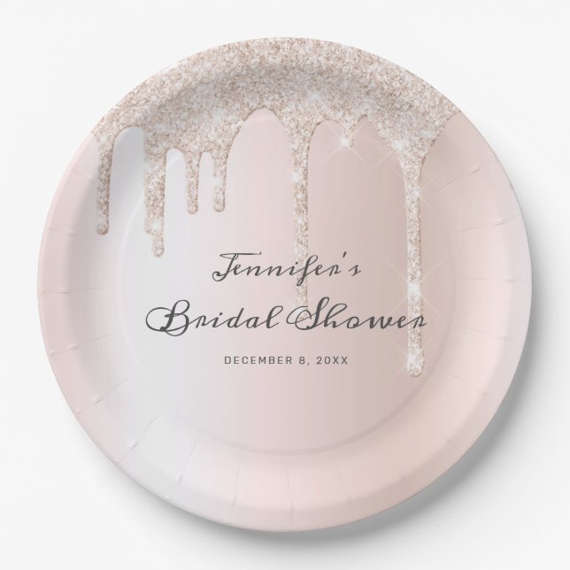 Chic Blush Pink Glitzer Tropfen Script Brautparty Pappteller (Vorderseite)