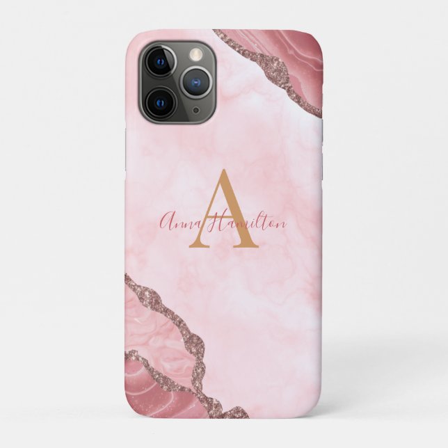 Chic Blush Pink Gold Agate Geode Monogram Case-Mate iPhone Hülle (Rückseite)