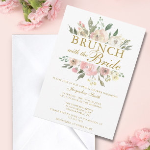Chic Blush Pink Gold Blumenbraun Brunch Dusche Einladung