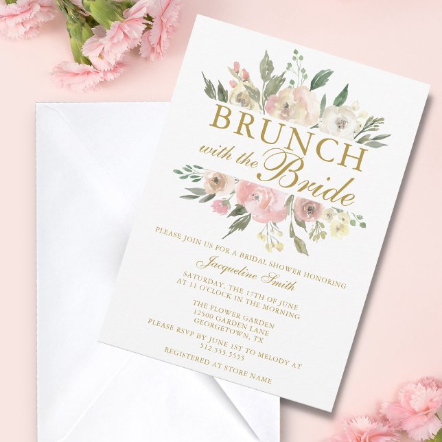 Chic Blush Pink Gold Blumenbraun Brunch Dusche Einladung (Von Creator hochgeladen)