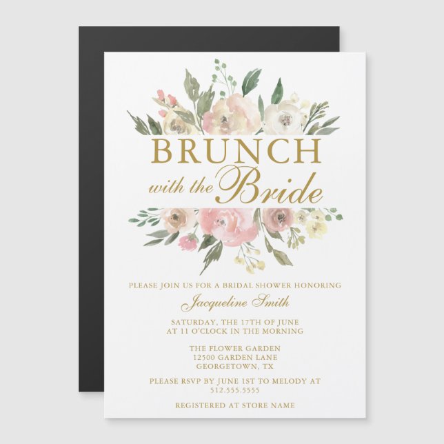 Chic Blush Pink Gold Blumenbraun Brunch Dusche Magneteinladung (Vorne/Hinten)