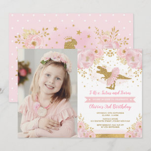 Chic Blush Pink Gold Dinosaurier T Rex Girl Geburt Einladung