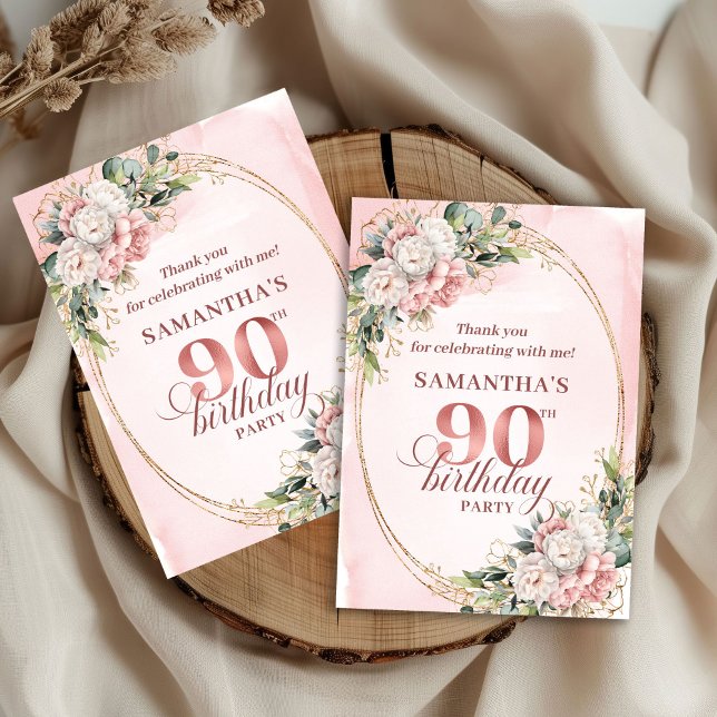 Chic Blush Pink Gold Eucalyptus 90th Birthday Card Dankeskarte (Chic Blush Pink Gold Eucalyptus 90th Birthday Thank You)