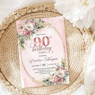 Chic Blush Pink Gold Eukalyptus 90. Geburtstag  Einladung