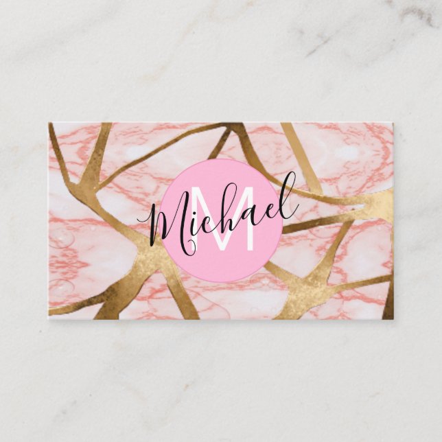 Chic Blush Pink Gold Glitzer Marble Agate Monogram Visitenkarte (Vorderseite)