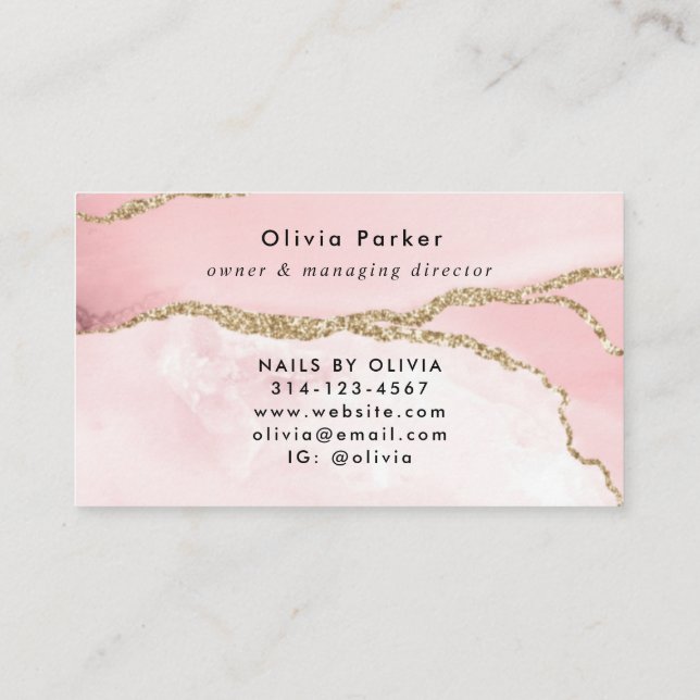 Chic Blush Pink Gold Glitzer Marble Agate Monogram Visitenkarte (Rückseite)