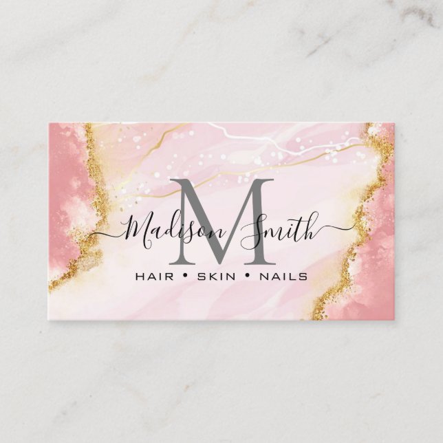 Chic Blush Pink Gold Glitzer Marble Agate Monogram Visitenkarte (Vorderseite)