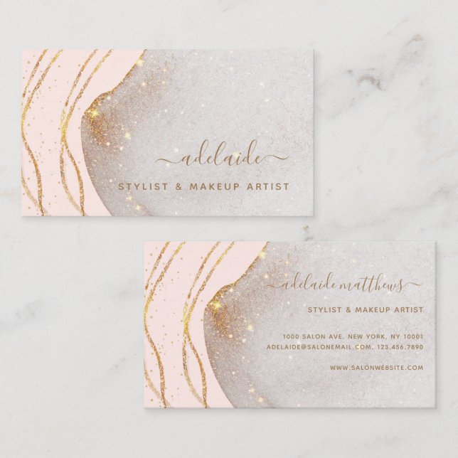 Chic Blush Pink Gold Glitzer Signature Name Agate  Visitenkarte (Vorne/Hinten)