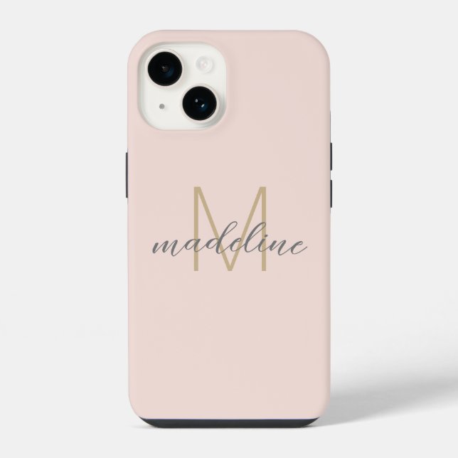 Chic Blush Pink Gold Monogram Initial Name Script iPhone 14 Hülle (Rückseite)