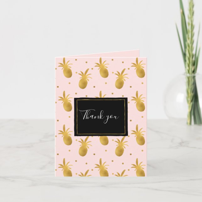 Chic Blush Pink Gold Pineapples and Dots Thank you Dankeskarte (Vorderseite)