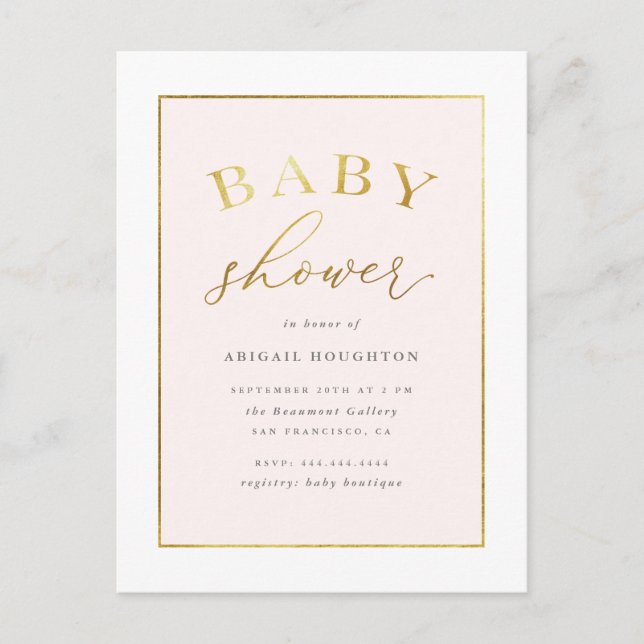 Chic Blush Pink Gold Typografie Baby Dusche Einladungspostkarte (Vorderseite)