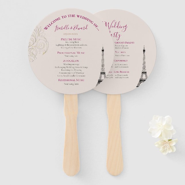 Chic Blush Pink & Gold Verziert Eiffelturm Hochzei Fächer (Vorne und Hinten)