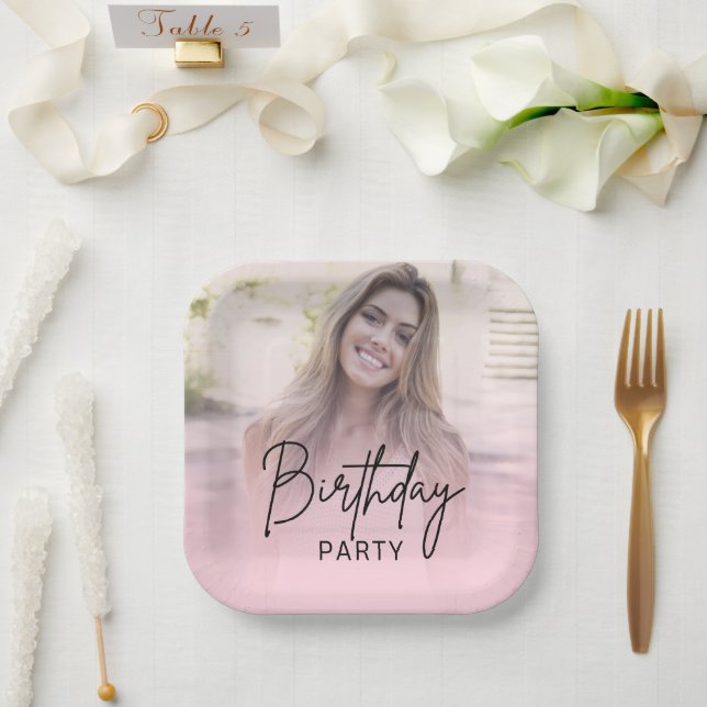 Chic Blush Pink Gradient Photo Birthday Pappteller (Hochzeit)