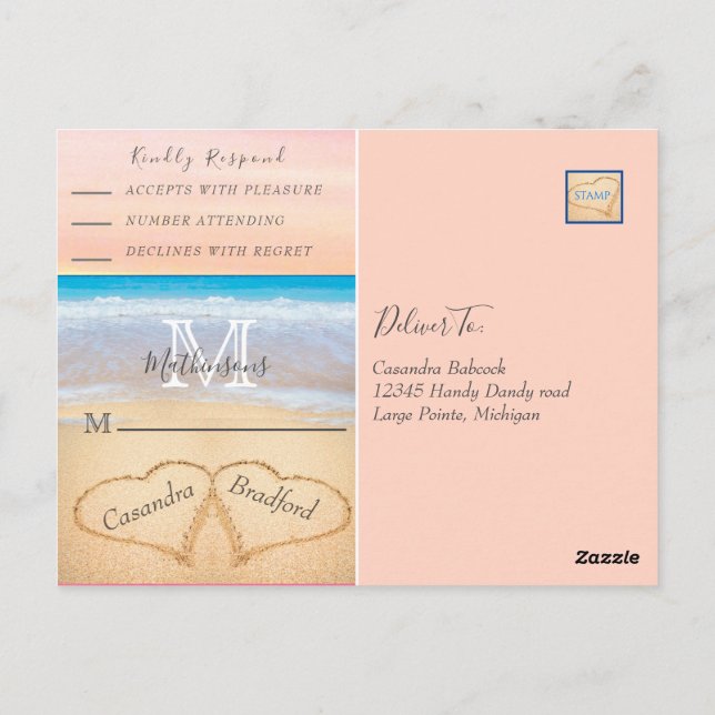 Chic Blush Pink Hearts Sand Beach Hochzeit UAWG Postkarte (Rückseite)