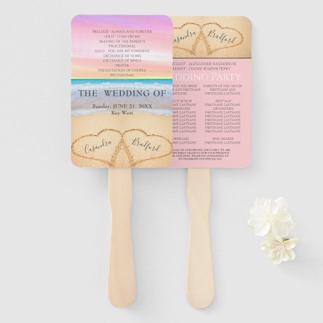 Chic Blush Pink Hearts Sand Beach Hochzeitsprogram Fächer (Vorne und Hinten)