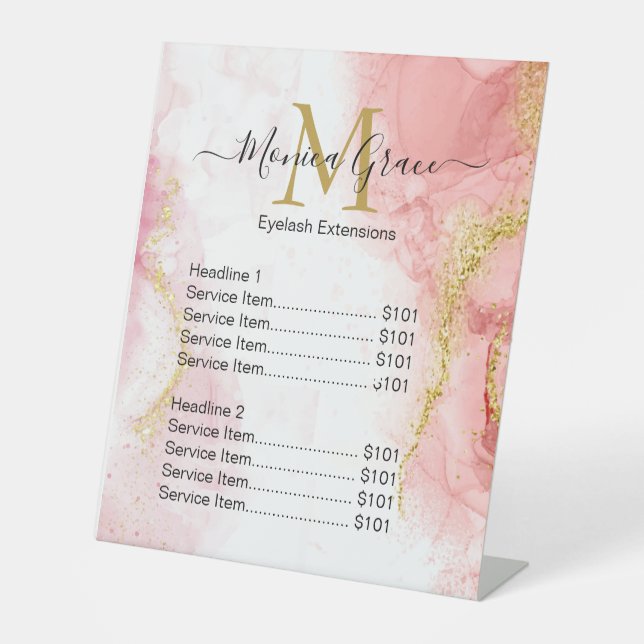 Chic Blush Pink Marmor Gold Glitzer Agate Monogram Sockelschild (Vorderseite)