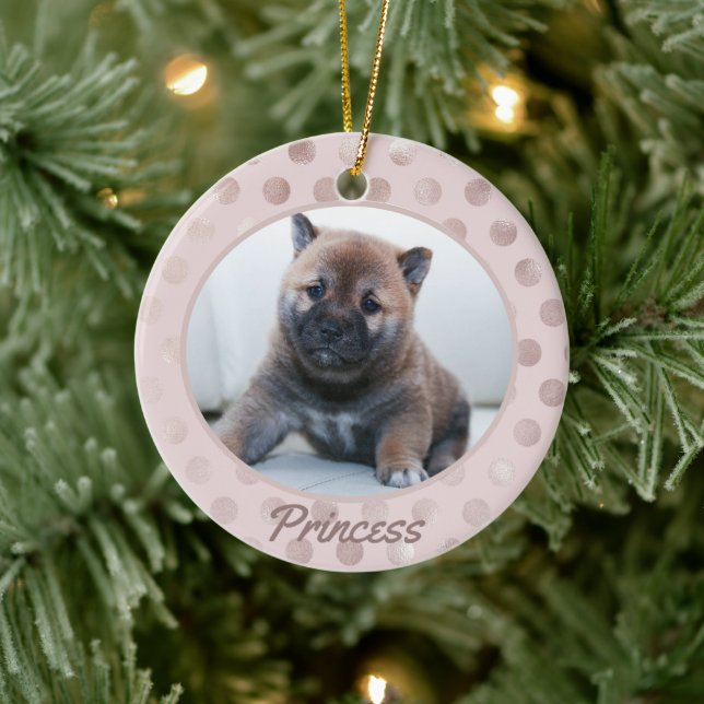 Chic Blush Pink Polka Dots Pet Foto Weihnachten Keramik Ornament (Baum)