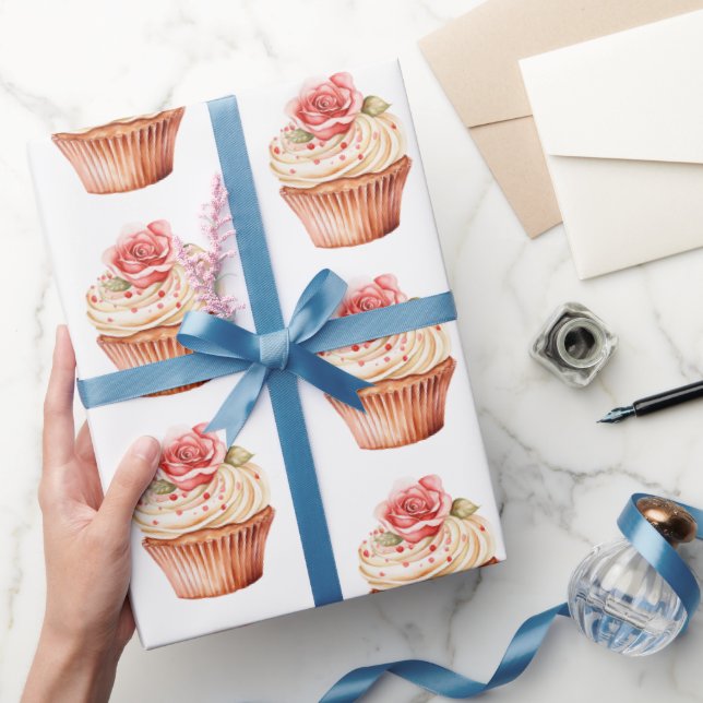 Chic Blush Pink Rose Cupcake Geburtstag Geschenkpapier (Schenken)