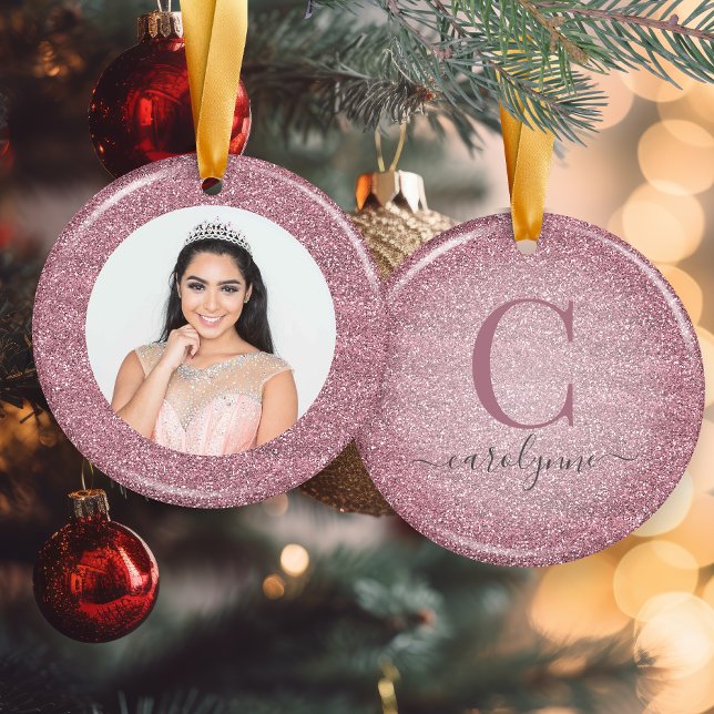 Chic Blush Pink | Rose Gold Glitzer Monogram Foto Keramik Ornament (Chic Blush Pink | Rose Gold Glitter Monogram Photo Ceramic Ornament)