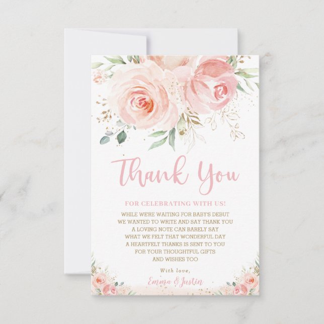 Chic Blush Pink Roses Floral Gold Girl Babydusche Dankeskarte (Vorderseite)