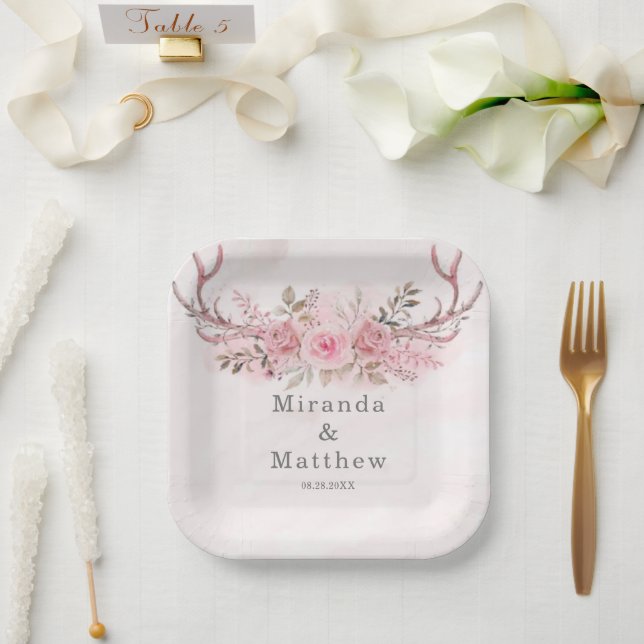 Chic Blush Pink Sage Deer Antlers Blumenhochzeit Pappteller (Hochzeit)