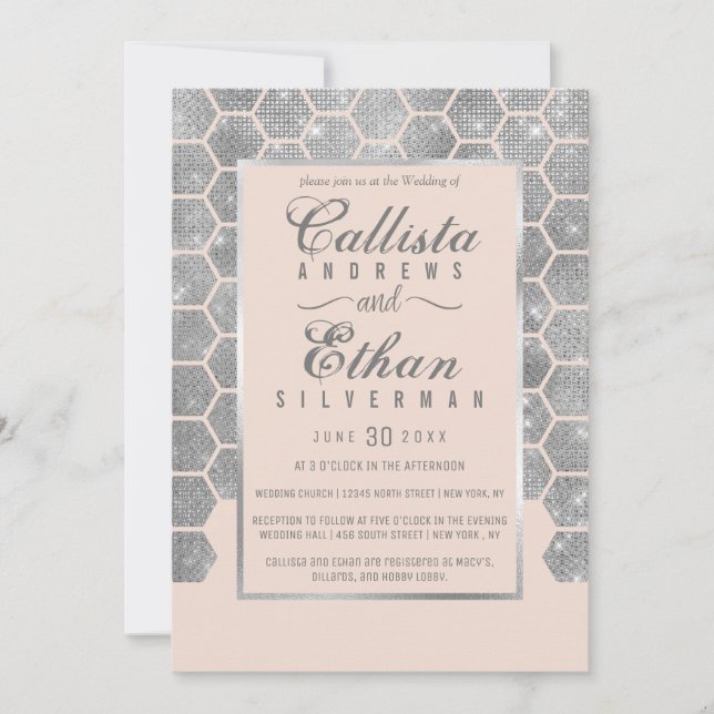 Chic Blush Pink Silver Glitzer Hexagon Geo Wedding Einladung (Vorderseite)