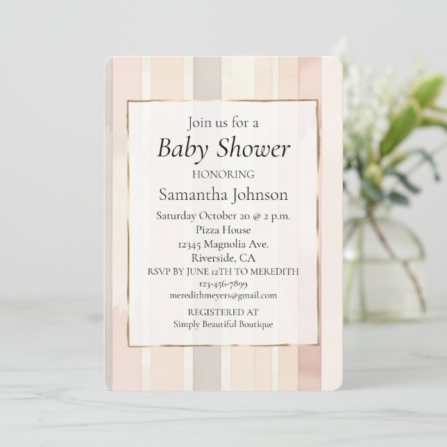 Chic Blush Pink Stripes Babydusche Einladung (Stehend Vorderseite)