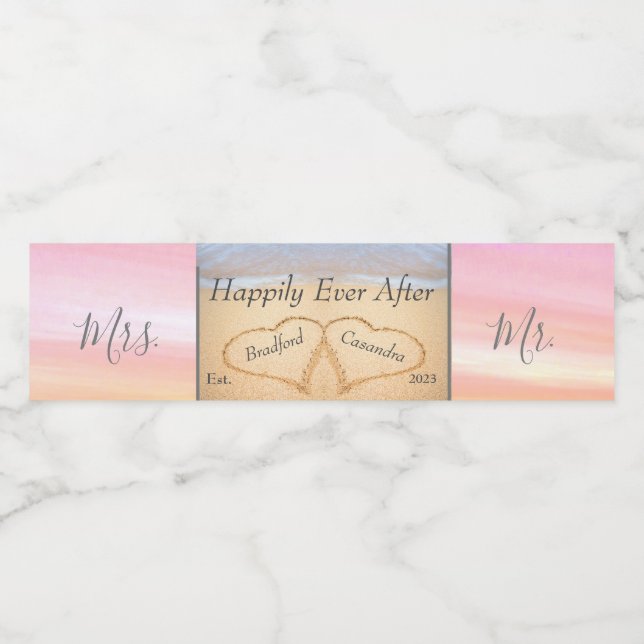 Chic Blush Pink Wedding 2 Heart Sand Monogram Wat (Einzelnes Label)