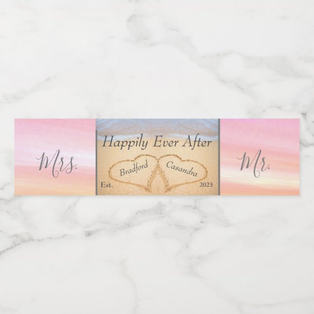 Chic Blush Pink Wedding 2 Herz Sand Monogram Wat (Einzelnes Label)