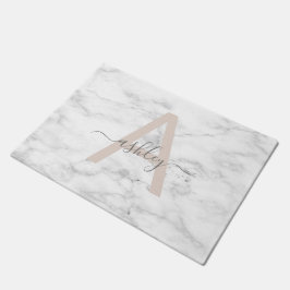 Chic Blush Pink White Marble Script Name Monogram Fußmatte