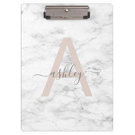 Chic Blush Pink White Marble Script Name Monogram Klemmbrett